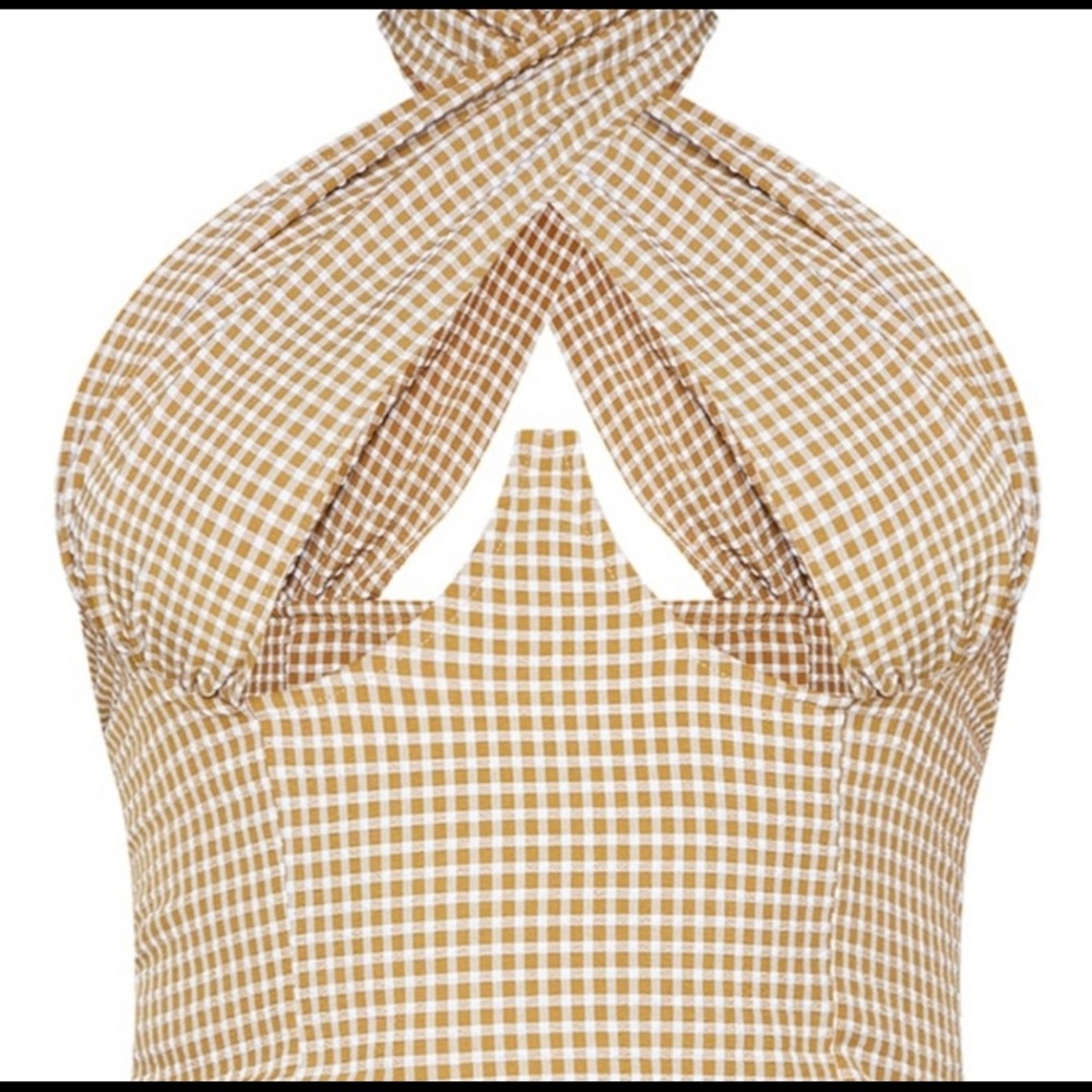 Brown woven check print cross over zip top